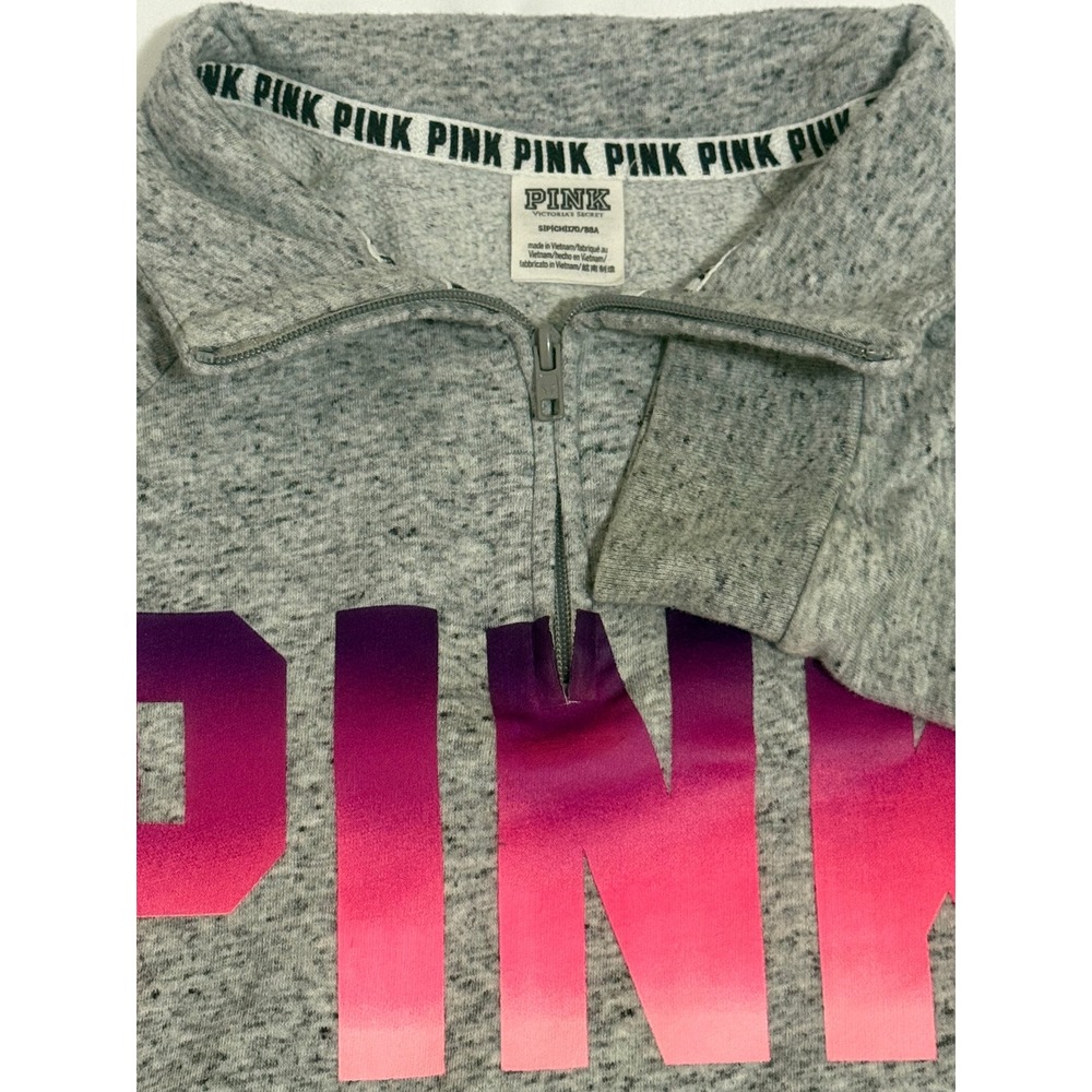 Victorias‎ Secret PINK Quarter Zip Pullover Gray Marl Ombre Logo Sweatshirt S